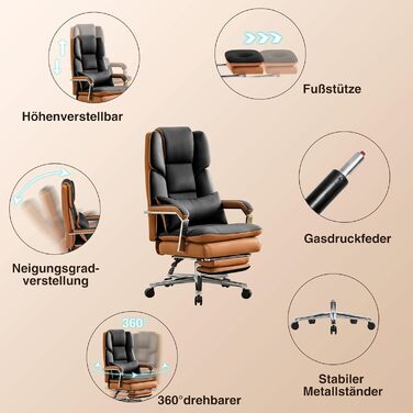 Ергономічне крісло для офісу, шкіра PU, крісло для керівника, 200 кг, з підніжкою та підтримкою попереку, для дому/офісу, регульоване, висока спинка, чорне