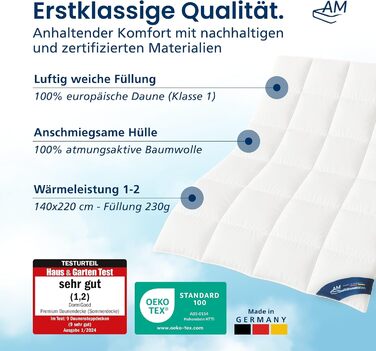 Пухова ковдра DormiGood Daunendecke 35x200, Німеччина, 100% пух, дихаюча, Oeko-TEX, 140x220, літня ковдра