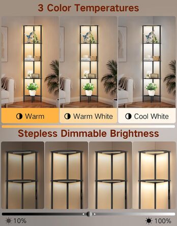 LED торшер з полицею, 3 режими світла, димування (сенсор/пульт), кутова полиця 5 рівнів, вузька книжкова шафа для вітальні, спальні, офісу, чорний