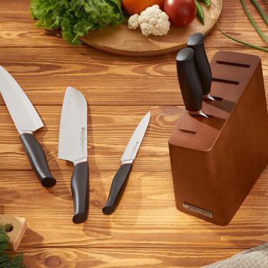 Набір кухонних ножів Grossman Bryant Messerblock 5-piece – набір з 5 ножів з нержавіючої сталі, чорні ручки, підставка з дерева, колір мідно-коричневий, антиковзне покриття