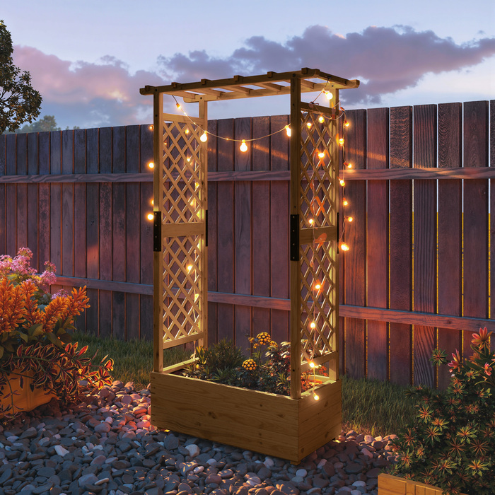 Підвищене грядка з опорою для ліан та дахом, для квітів, фруктів, овочів, трав, 110 x 44 x 181 см, дерево, помаранчевий