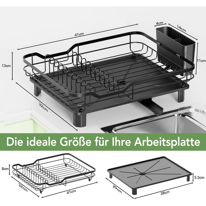 Сушарка для посуду ROTTOGOON розширювана, нержавіюча сталь, з висувним носиком та відділенням для столових приладів, чорна (1-рівнева)