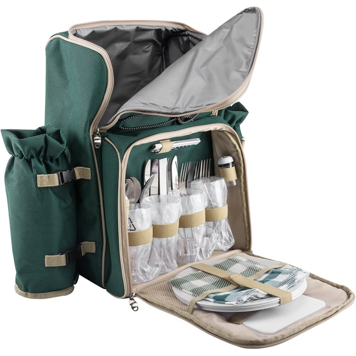 Рюкзак для пікніка Andora на 4 особи з інтегрованою сумкою-холодильником, зелений, з аксесуарами (29 шт)
