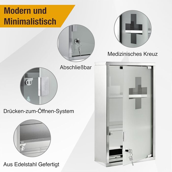 Медичний шкаф Zedelmaier з нержавіючої сталі, 4 відділення, аптечний, для ванної кімнати, з можливістю підвішування, закривається на замок, 57 x 27 x 12 см, білий