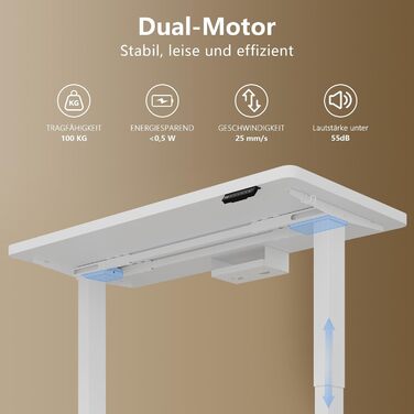 Регульований стіл, 180x80 см, електричний столик для стоячи, з двома моторами, сенсорна панель, USB-A, органайзер кабелів, стільниця 25 мм, ергономічний офісний стіл, білий 180 x 80 см