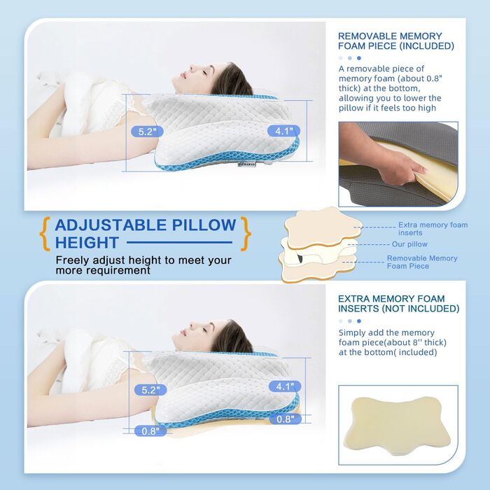 Ортопедична подушка для шиї з Memory Foam, регульована, ергономічна, для комфортного сну, без запаху, блакитна