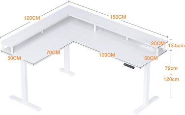 Кутовий стіл ODK з регулюванням висоти L-подібної форми, 150x120см, з USB та розетками, функцією пам'яті