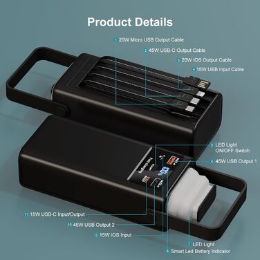 Портативний зарядний акумулятор 60000mAh 45W з LED-дисплеєм та ліхтариком, 7 виходів, чорний. Powerbank для кемпінгу та подорожей