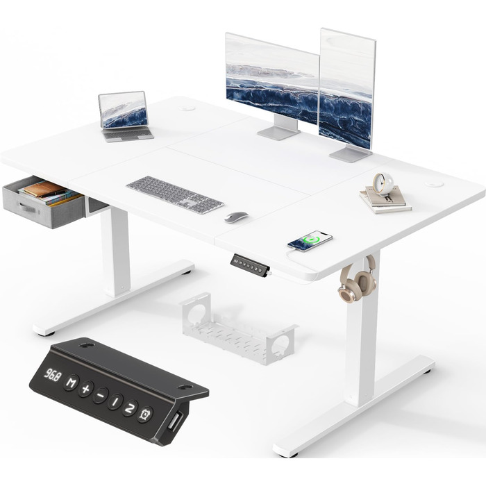 Регульований стіл Devoko з підйомною висотою, 140x80 см, з ящиками, USB-порт, органайзер для кабелів, стоячий стіл з 3 рівнями пам'яті, білий