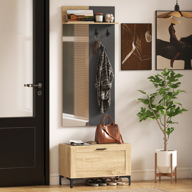 Комплект для передпокою: полиця для взуття, дзеркало, 3 гачки, відкрита полиця, меблі для передпокою, натуральне дерево + сірий