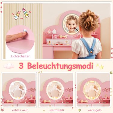 Дитячий туалетний столик COSTWAY у формі ведмедика з підсвічуванням, дзеркалом та шафкою. 5 ящиків та полиці, дерев'яний туалетний столик для дівчаток від 3 років. Рожевий колір, у формі хмари.