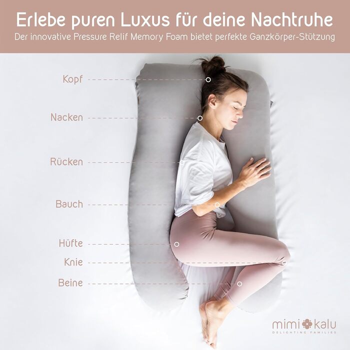 Подушка для сну на боці Mimi Kalu® Original з Memory Foam, 130 x 70 см, платиново-сіра | Подушка для вагітних, подушка для годування, м'яка подушка | З чохлом з 100% Soft-Cotton та маскою для сну