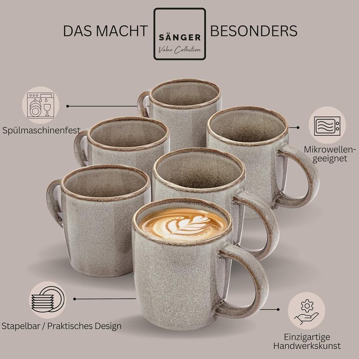 Набір кавових чашок SÄNGER Kairo Graphit (6 шт.) з каменю, 400 мл, для 6 осіб, миючі в посудомийній машині та придатні для мікрохвильової печі, коричневий мокка