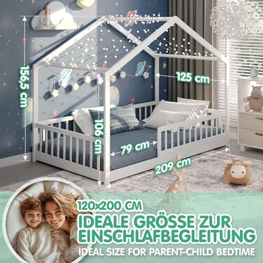 Ліжко-дитяча хатинка CADANI Malte, 120x200 см, білий колір, Montessori, з бортиками, трансформується, з ламелями, до 200 кг