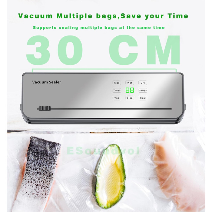 Вакууматор для продуктів ESoundvol 8-в-1 з LED-дисплеєм, вбудованим різаком та контролем температури, 10 пакетів у комплекті