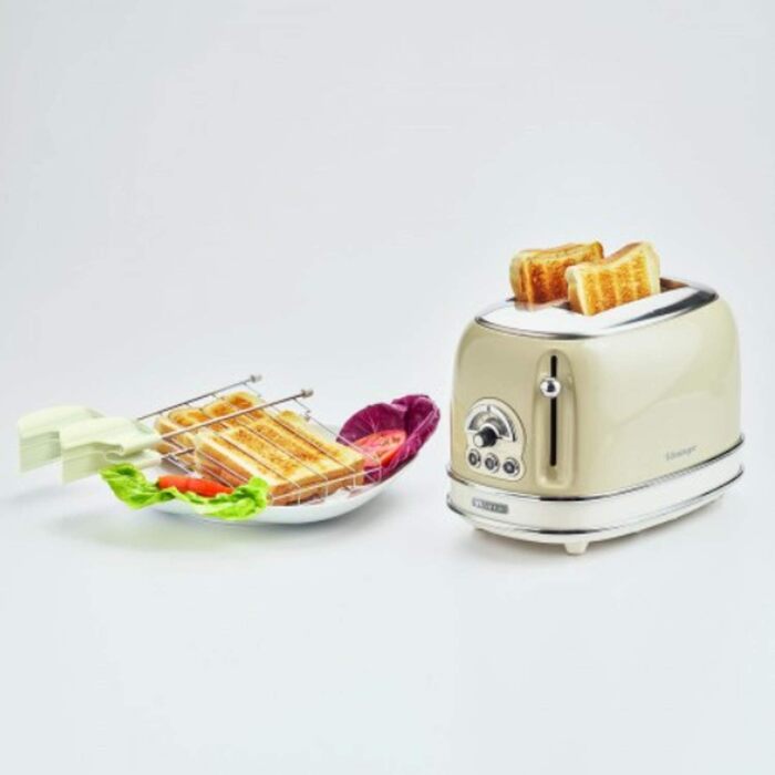 Тостер на 2 скибочки, ретро-тостер з 6 рівнями тостів, автоматичне виймання, функція розморожування, знімний відсік для крихт, корпус з нержавіючої сталі, 810 Вт, бежевий, 155