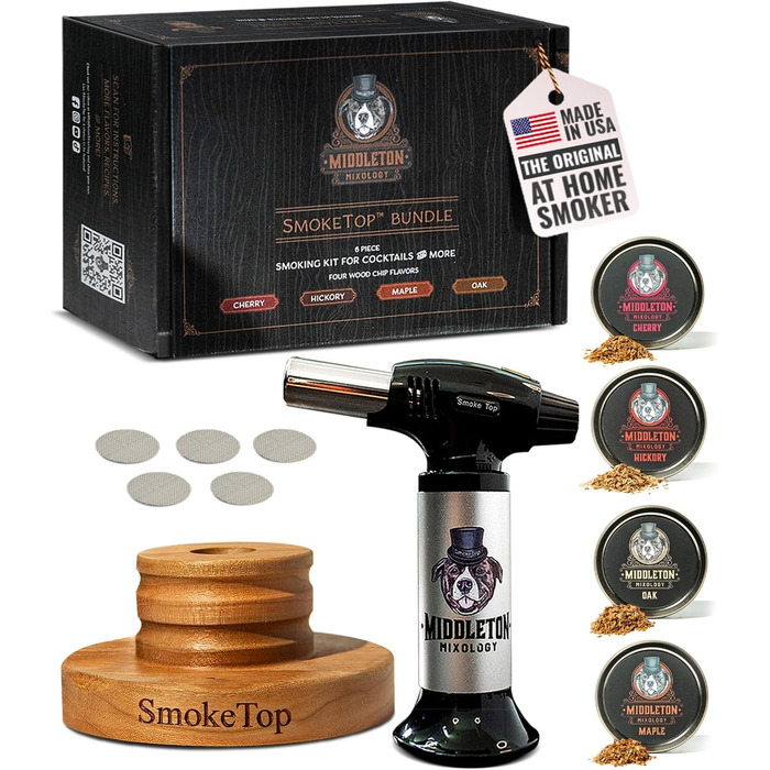 Набір для копчення коктейлів SmokeTop з дерев'яними стружками (вишня, гікорі, клен, дуб) + ліхтарик – для коктейлів, віскі, бурбону