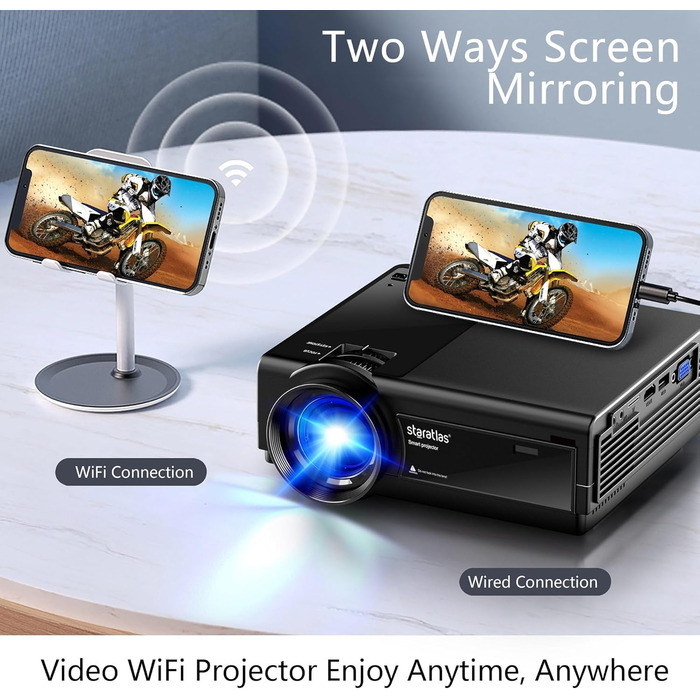 Staratlas Міні проєктор Full HD 1080P з Wi-Fi та Bluetooth, портативний для iPhone, 5G, Short Throw для домашнього кінотеатру, HDMI, USB, VGA, з динаміком