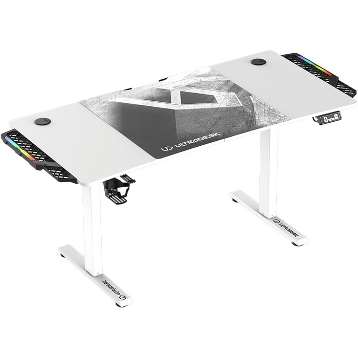 ULTRADESK Стол для роботи та геймінгу з регулюванням висоти - електричний, 140x68 см, з підсвічуванням RGB, XL-килимок для миші, білий