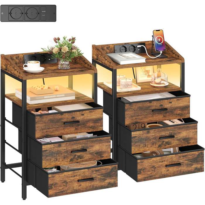 Приліжкові тумбочки Hzuaneri з LED-підсвічуванням та функцією зарядки, 2 шт. (Вінтаж коричнево-чорний), 3 висувні ящики з тканини, USB-порти та розетки для спальні/вітальні