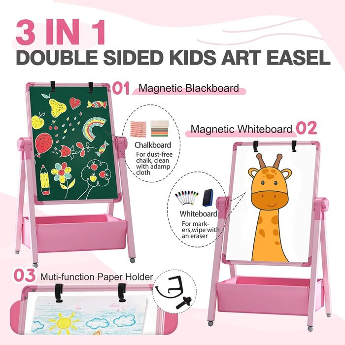 Дитяча мольберт Kinderstaffelei: двосторонній, сталевий, регульований, 360° обертання, дошка для малювання, крейда та маркери для хлопчиків та дівчаток