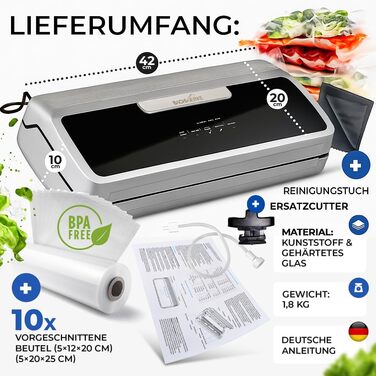 Вакууматор для продуктів BACHWERKE з рулоном та 10 пакетами, ширина шва 32 см, вакуумна машина для зберігання їжі, срібляста