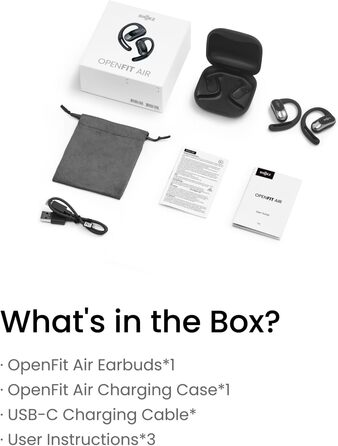 Справжні бездротові Bluetooth-навушники SHOKZ OpenFit Air, 28 год, IP54, швидка зарядка, чорний