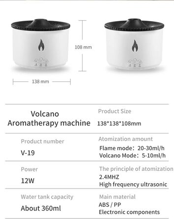 Зволожувач полум'я LONYIABBI Вулкан Аромазволожувач Ультразвуковий масляний дифузор 360 мл Функція автоматичного вимкнення для дому, офісу, йоги, тренажерного залу (розбитий прозорий) (білий)
