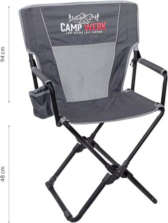 Крісло для кемпінгу CAMPWERK, легке та компактне, зі спинкою, вбудованими підлокітниками та підстаканником, компактне, брудо- та водовідштовхувальне, складне, для будь-якого активного відпочинку, сірий