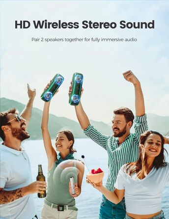 Портативна Bluetooth колонка з підсвічуванням та потужним басом, IPX7, 24 години роботи, вбудований мікрофон, стерео-паринг, для дому та на вулицю (темно-зелений)