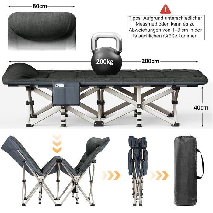 Розкладне кемпінгове ліжко CALIYO з матрацом, 200x80x40 см, витримує до 200 кг, сталевий каркас та тканина Оксфорд, чорне, з сумкою для зберігання
