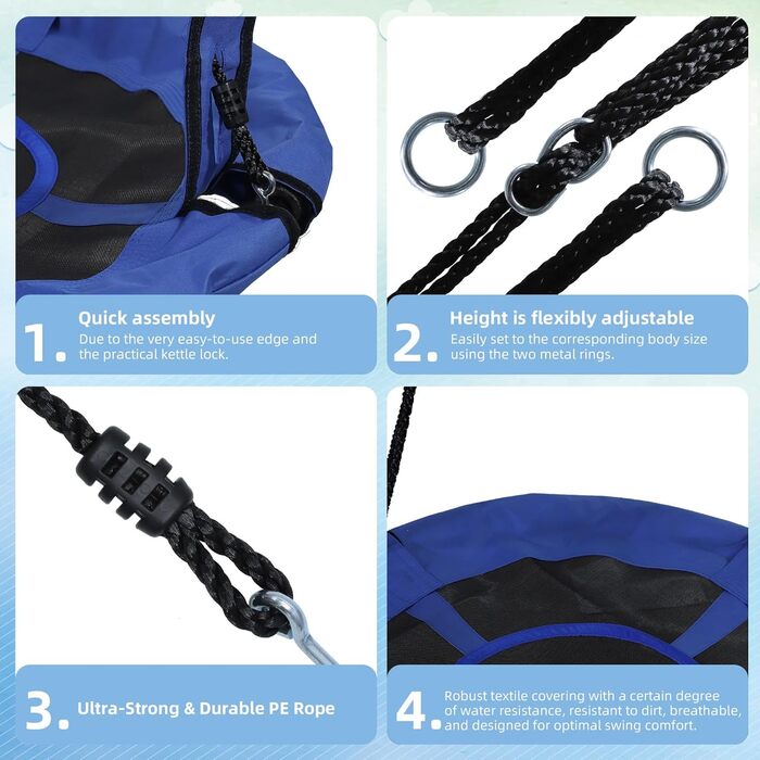 Сітчаста гойдалка ZERRO для дітей та дорослих, Ø120см, регульована висота, до 150кг (Блакитна)