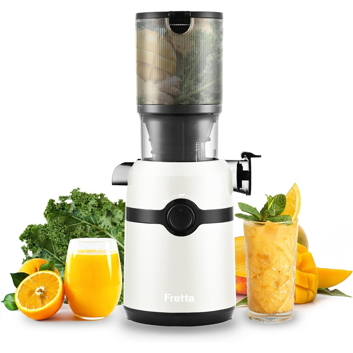 Фреш-прес Fretta: повільний соковичавник з широкою годівницею 108 мм, 200W, 1л, BPA-free Tritan, білий