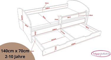 Дитяче ліжко Happy Babies із захистом від падіння з висоти Ліжко для дитячої кімнати 140x70 з матрацом Односпальне ліжко Дитяче Хлопчик Дівчатка Біле Дерево Коричневий Бук