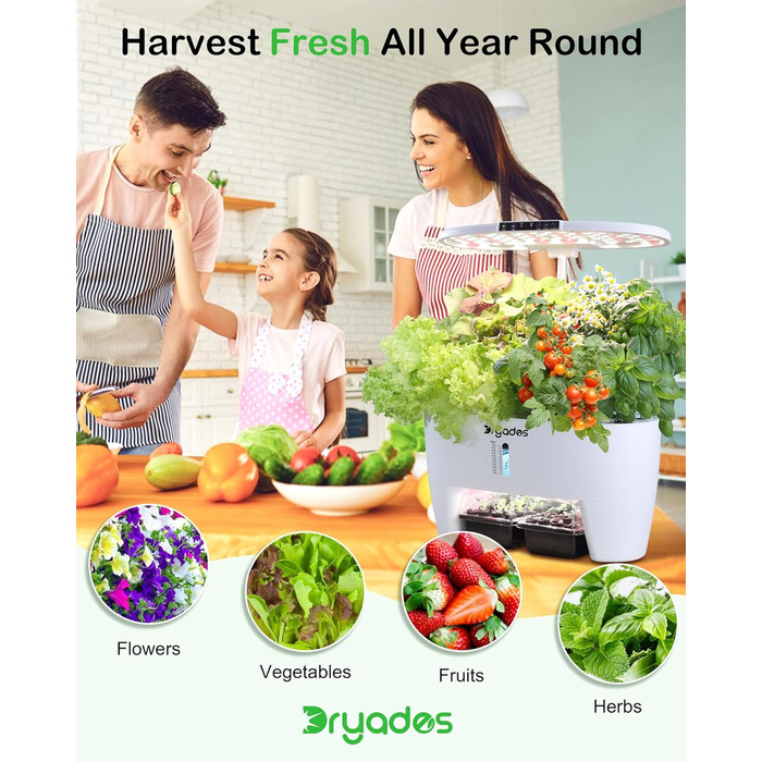 Гідропонна система вирощування: 8 капсул, 24W LED лампа повного спектру з сигналом про низький рівень води | Внутрішній сад для кухні, вітальні, школи | Ідея подарунка для любителів садівництва (16 капсул - Білий)