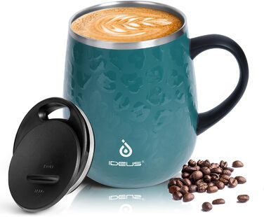 Кружка для кави та чаю Ideus 470 мл з подвійними стінками, нержавіюча сталь, з нековзним ручним тримачем та кришкою-висувним модулем (Трав'яний зелений)