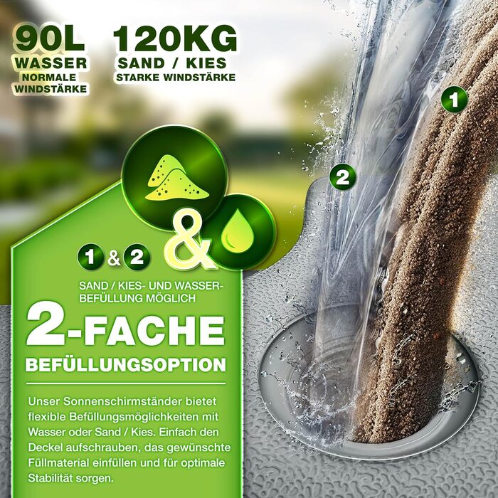 Сонцезахисний стійка Tillvex® 90 літрів / 120 кг – 4 частини для парасольки, з металевим з'єднувачем | Заповнюється водою або піском | Стійка для парасольки Tillvex® вологостійка (Сірий)