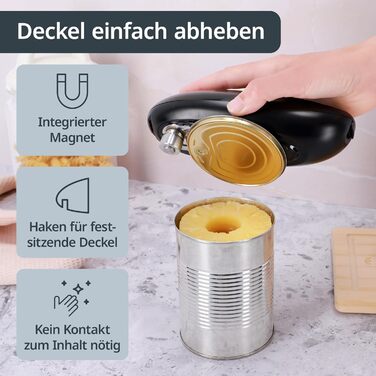 Електричний відкривач банок ADE | для літніх людей | з магнітом та гачком | без гострих країв | з батарейками, чорний