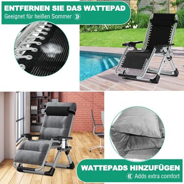 Шезлонг для відпочинку, розкладний, 200 кг, Zero Gravity, з подушкою, підстаканником, широкий, регульований, для саду, патіо, пляжу, басейну, сірий