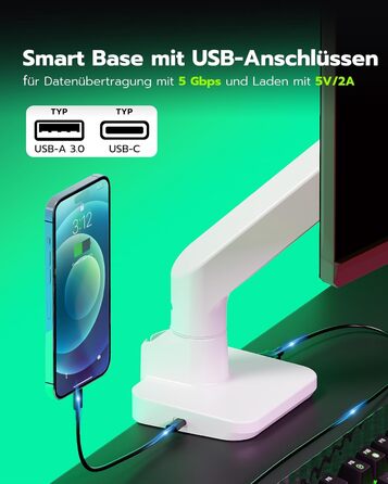Кріплення для монітора ARES WING з USB A/C, кріплення для монітора 17-49 дюймів, підставка для монітора з газовою пружиною, VESA 75/100 мм, білий
