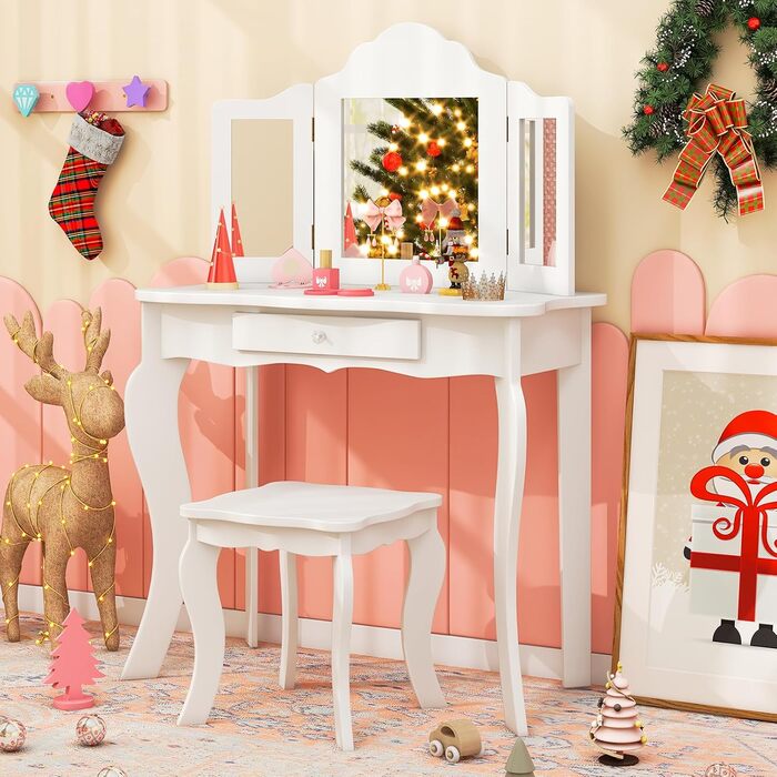 Детский туалетный столик COSTWAY 2-в-1 с LED-подсветкой, зеркалом и ящиками, для девочек (белый)