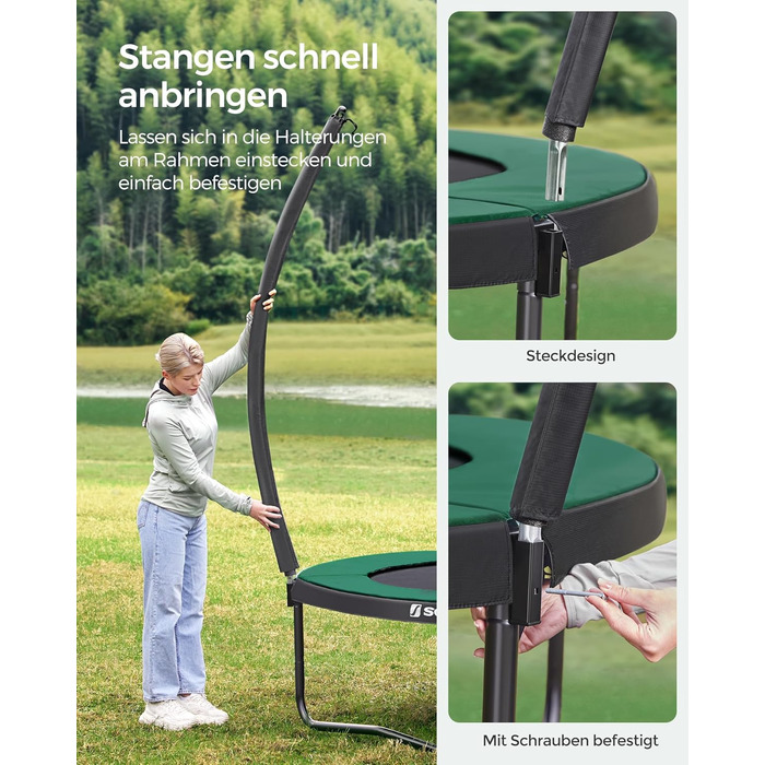 Батут SONGMICS садовий Ø366 см з захисною сіткою, драбиною та м'якими стійками, чорно-зелений