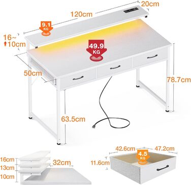 Письмовий стіл ODK з 3 ящиками, ігровий стіл з розетками, USB, LED, регульований по висоті, 120x50x92.7см, білий