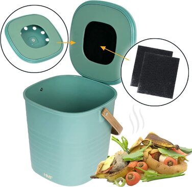 Кухонне відро для екологічно чистих органічних відходів HMF, герметичне по запаху відро для компосту з кришкою / літр /(зелений, 6 л)