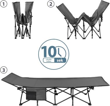 Складане кемпінгове ліжко ALPIDEX з м'яким матрацом та кишенею, витримує до 200 кг, сіре