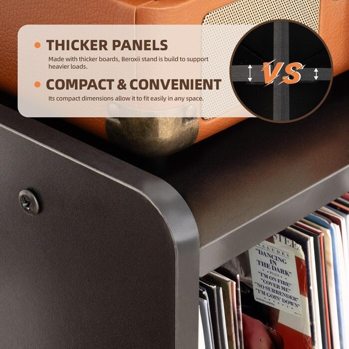 Стіл для програвача вінілу, стійка для програвача середини століття з місцем для зберігання до 150+ платівок, шафа для платівок з регульованими полицями, чорний