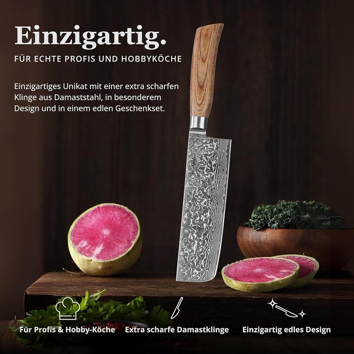 Японський ніж Wakoli EDIB Pro Nakiri з дамаської сталі (серцевина VG10), 18 см - гострий, точний та ергономічний. Ніж з ручкою з паккавуду в подарунковій коробці - для овочів та зелені, срібний.