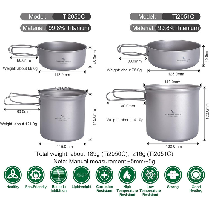 Набір посуду для кемпінгу iBasingo з титану: каструля та сковорода з складаним ручками. Легкий набір для приготування їжі на природі, туризму та пікніків. Модель Ti2052C