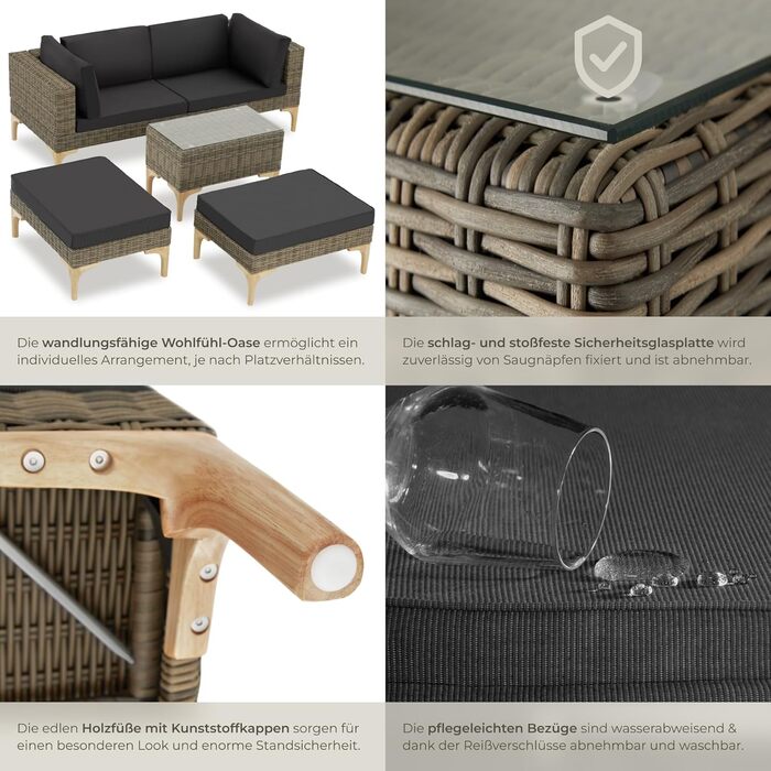 Тектейк® Набір садово-розкладних меблів з ротангу Outdoor Lounge на 5 місць, з кутовим кріслом, пуфом, столиком, комплект для відпочинку, з подушками для сидіння та спинки (Натуральний)