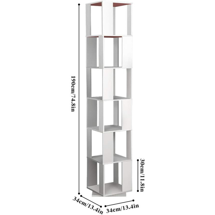 Поворотна книжкова шафа NICEME 190см, 6 ярусів, декоративна полиця для вітальні кутова, МДФ (білий)
